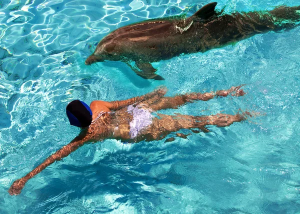 De vrouw zwemt in de zee in de buurt van een dolfijn — Stockfoto