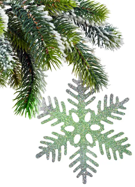 New Year's snow-covered branch of a Christmas tree and decorative snowflake — Stock Photo, Image