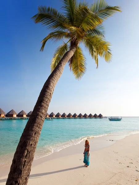 Молодая красивая девушка стоит рядом с пальмой на фоне океана, Мальдивы — стоковое фото