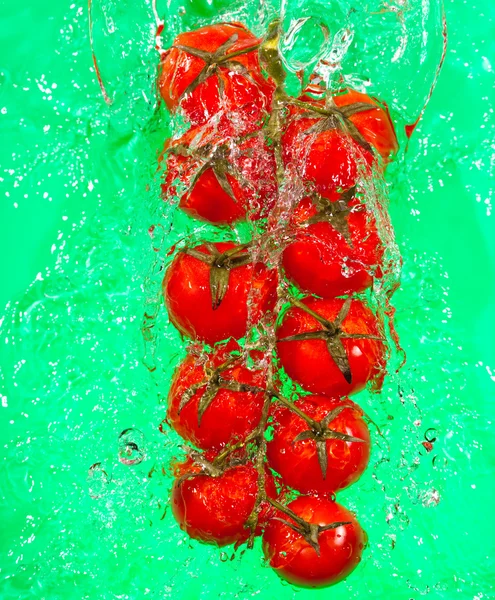 Ramo de tomates em salpicos de água — Fotografia de Stock