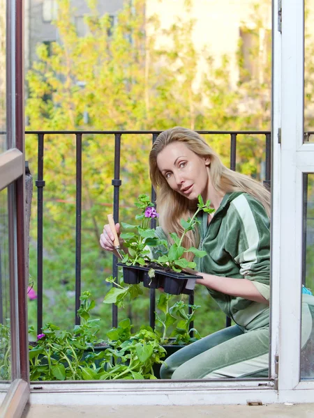 Den unga kvinnan landar plantor på en balkong — Stockfoto