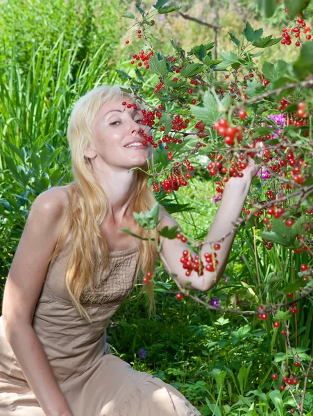 The young beautiful girl near to a bush of a red currant — Stock Photo, Image