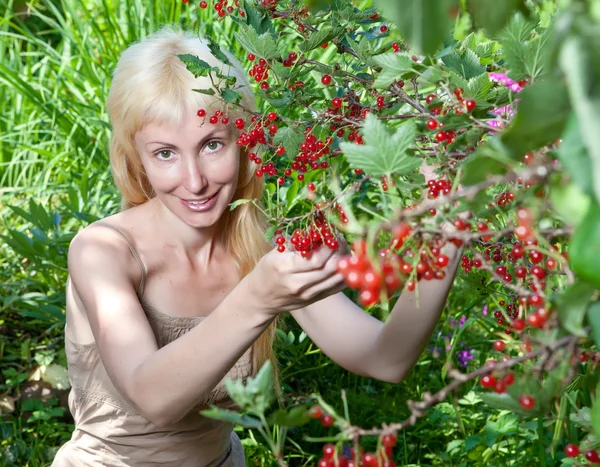 La muchacha hermosa joven cerca del arbusto de la grosella roja — Foto de Stock