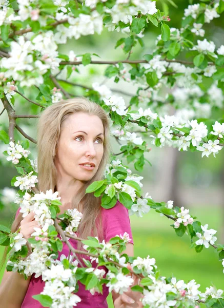 Jonge aantrekkelijke vrouw permanent in de buurt van de bloeiende appelboom — Stockfoto