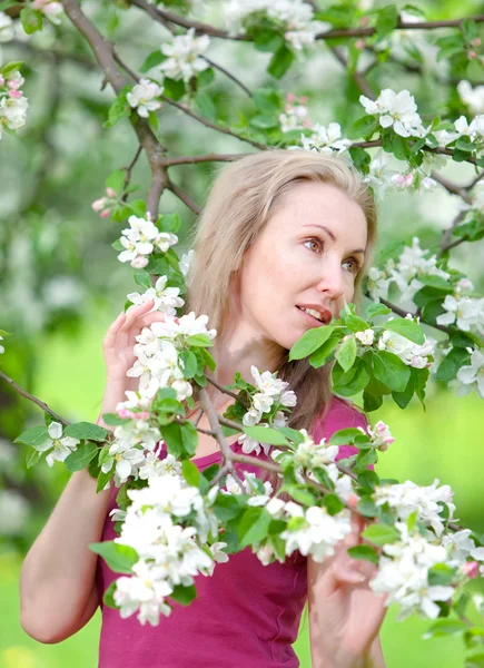 Young attractive woman standing near the blossoming apple tree — Stock Photo, Image