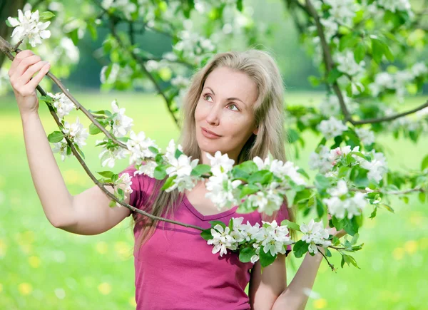 Young attractive woman standing near the blossoming apple tree — Stock Photo, Image