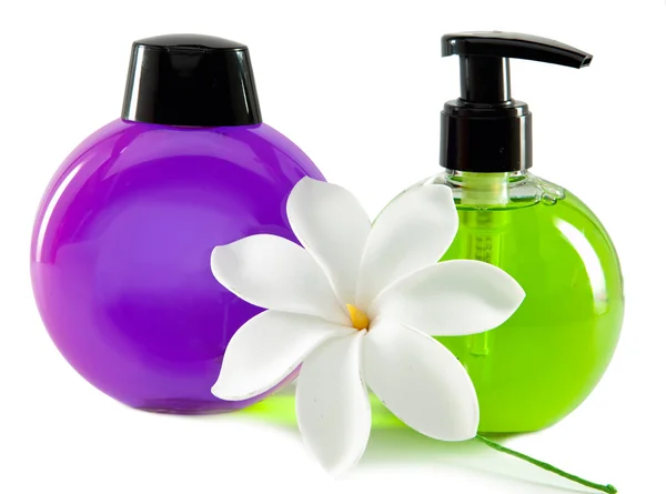 Parlak renkli kozmetik küçük şişe Sabunluk ile — Stok fotoğraf