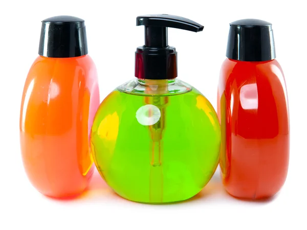Φωτεινό χρώμα καλλυντικά μικρά μπουκάλια με το διανομέα — Φωτογραφία Αρχείου