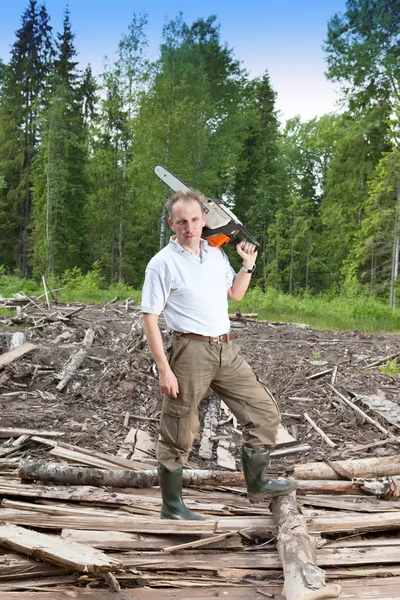 O homem em serras de madeira uma árvore uma serra de corrente — Fotografia de Stock