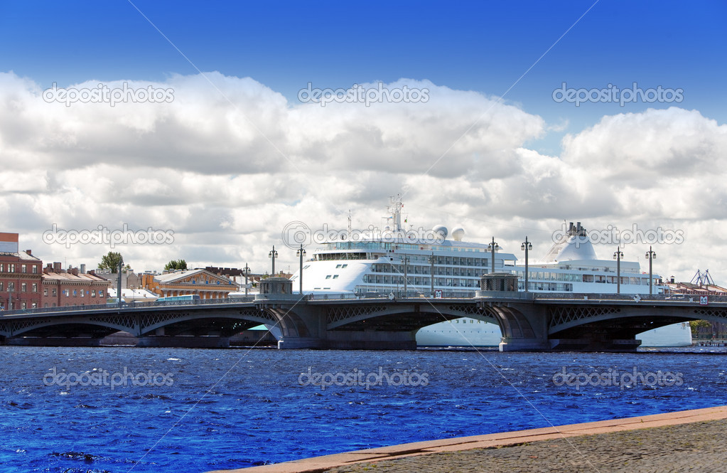 The big cruising liner on the Neva River. Petersburg. Russia