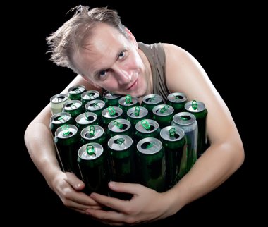 The drunk man and is a lot of empty beer can clipart
