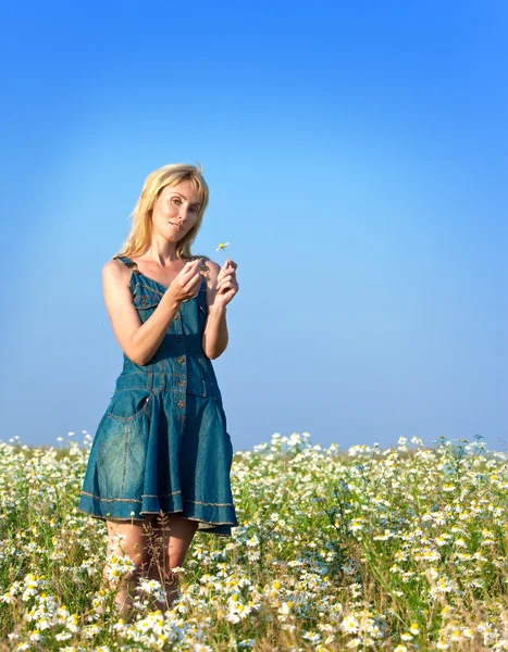 Прекрасная счастливая молодая женщина в поле ромашки — стоковое фото