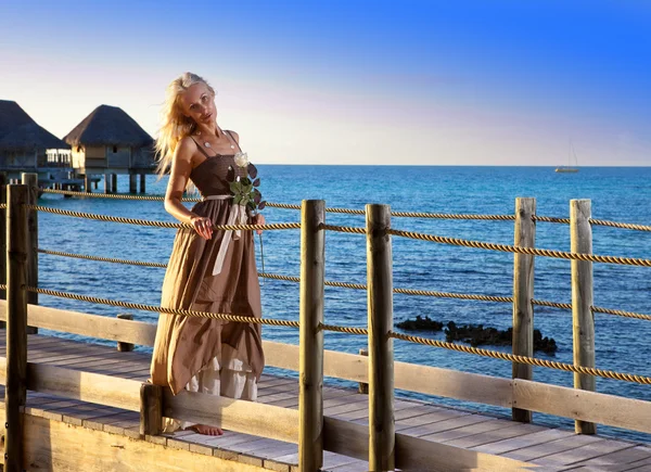 La joven hermosa mujer en un vestido largo en el camino de madera sobre el mar — Foto de Stock