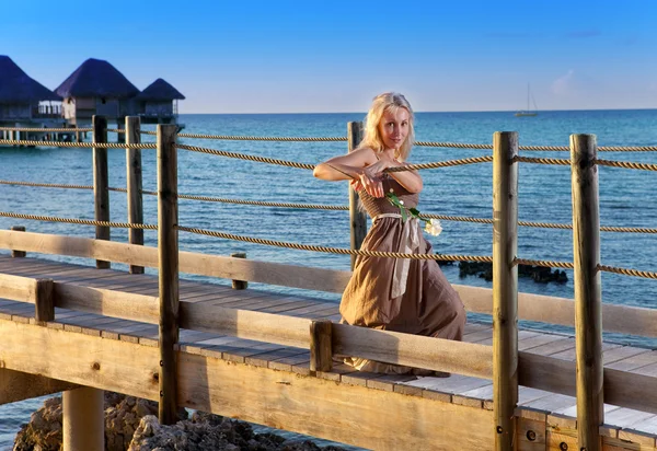 La joven hermosa mujer en un vestido largo en el camino de madera sobre el mar —  Fotos de Stock