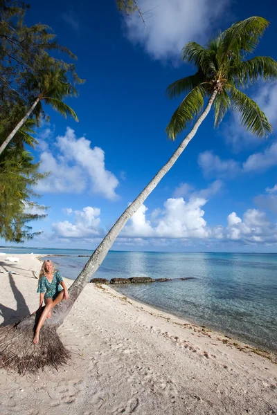 年轻漂亮的女人和棕榈树在海岸上 — 图库照片