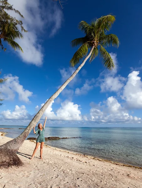 La joven hermosa mujer y la palmera en la costa — Foto de Stock