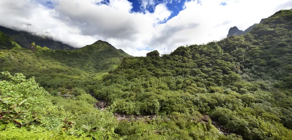 Tahitille. Polynesiaa. Pilviä vuoristomaiseman yllä. Panoraama — kuvapankkivalokuva