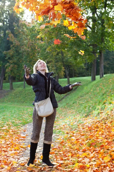 La hermosa mujer en el parque de otoño con un brazo de hojas de arce —  Fotos de Stock