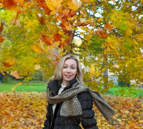 A mulher bonita no parque de outono com um armful das folhas do bordo — Fotografia de Stock