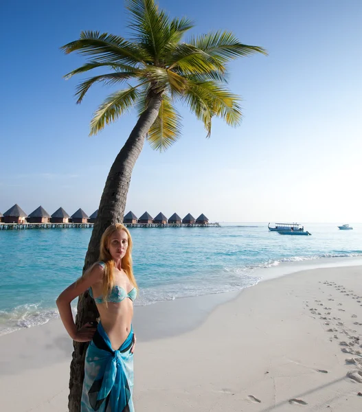 Jonge mooie vrouw staat in de buurt van palmboom, Maldiven — Stockfoto