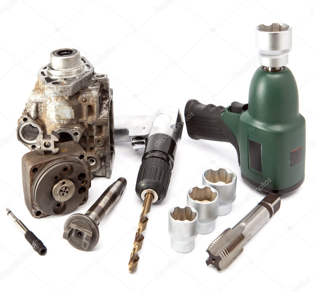 Car repair - details of the pump of high pressure, air impact wrench, air dril