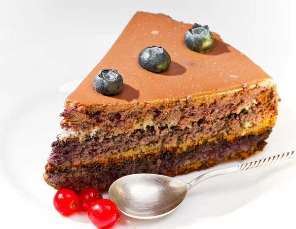 Schokoladenkuchen mit einer roten Johannisbeere und einer Brombeere — Stockfoto