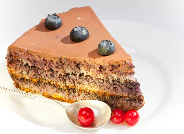 Schokoladenkuchen mit einer roten Johannisbeere und einer Brombeere — Stockfoto