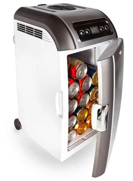 The portable road refrigerator with cans inside — Stock Photo, Image