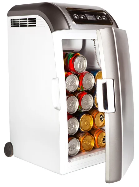 The portable road refrigerator with cans inside — Stock Photo, Image