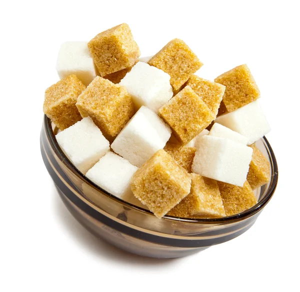 The white refined and brown cane sugar in a bowl — Stock Photo, Image