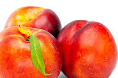 yeşil yaprak üzerinde beyaz bir adam olgun nektarin