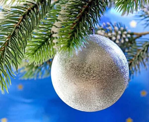 Beautiful silvery New Year's ball on a branch of a Christmas tree — Stock Photo, Image