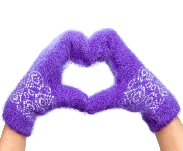 Hands in fluffy lilac mittens — Stock Photo, Image