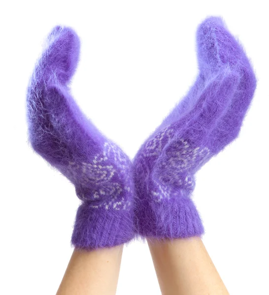 Hands in fluffy lilac mittens — Stock Photo, Image