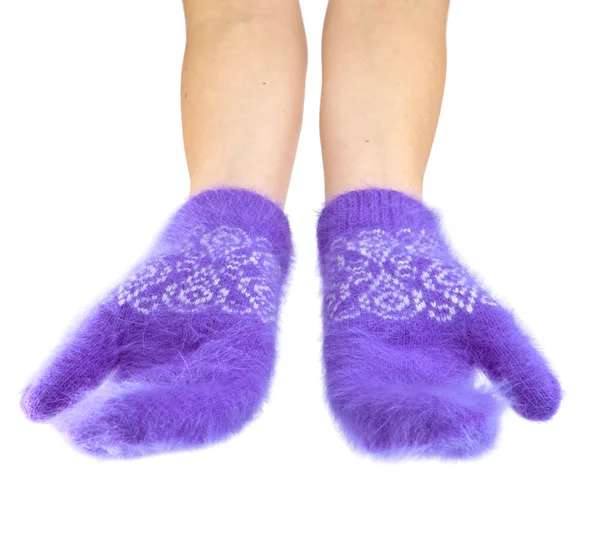 Hands in fluffy lilac mittens — Stock Photo, Image