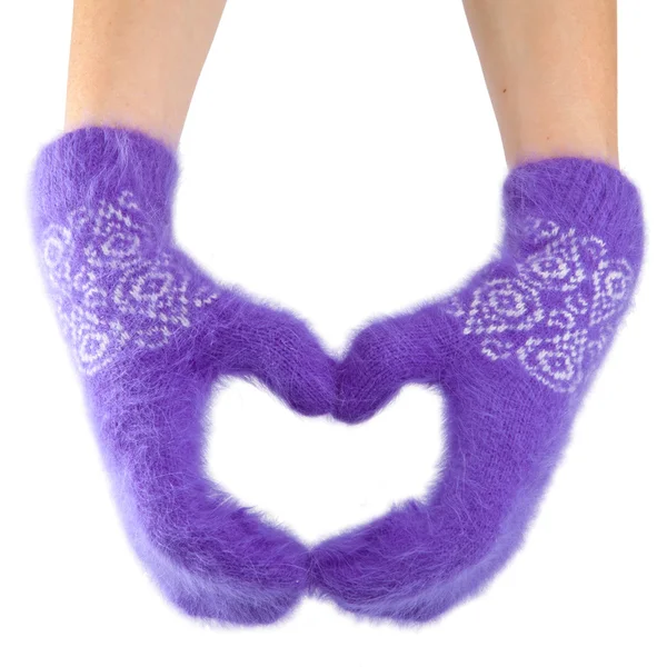 Hands in fluffy lilac mittens — Stock Photo, Image