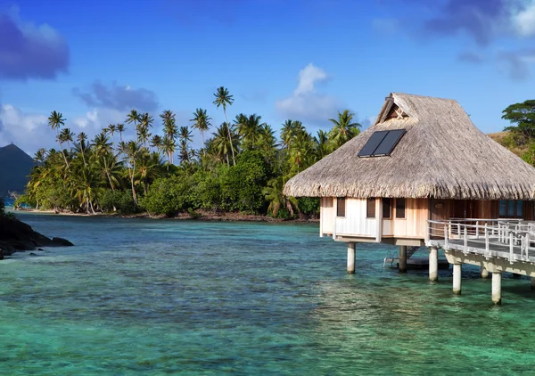 Typical Polynesian landscape - seacoast with palm trees and small houses on water — Stock Photo, Image