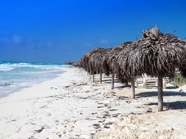 Sandy beaches of the Caribbean Sea and sunshades on Cayo Largo's island, Cuba — Stockfoto
