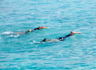 maskeleri ve tüpler ile iki adam, zaman uyumlu olarak denize yüzmek