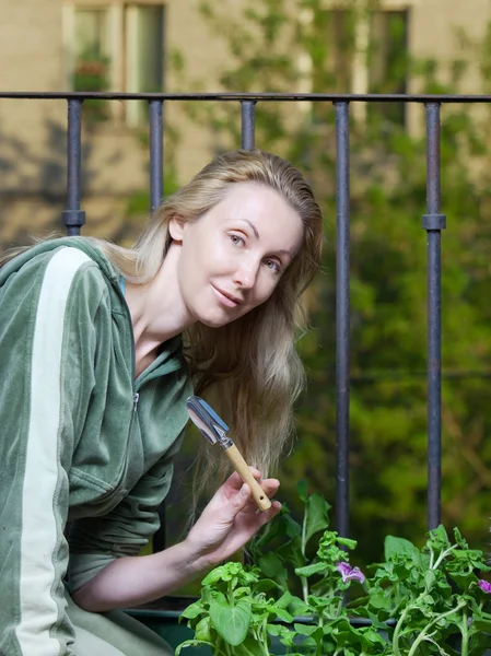 Den unga kvinnan på en balkong landar petunia plantor — Stockfoto