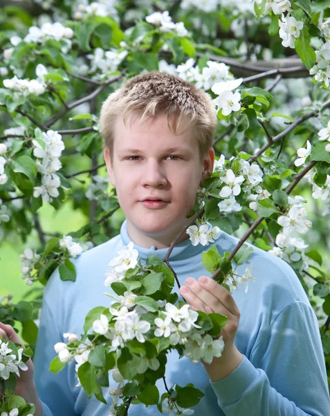 젊은 남자, 꽃이 만발한 사과 나무 근처에 서 십 대 — 스톡 사진