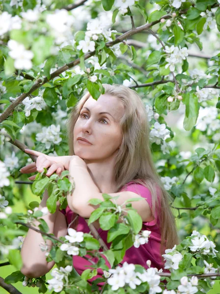 Ung attraktiv kvinna står nära det blommande äppelträdet — Stockfoto