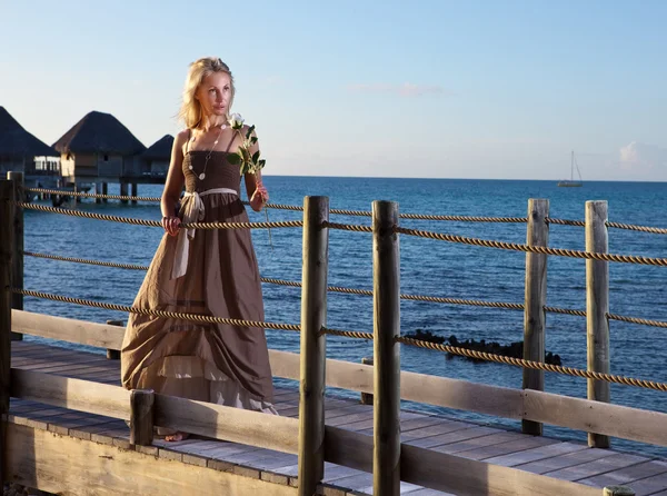 Denizin üzerinde ahşap yolda uzun bir elbise genç güzel kadın — Stok fotoğraf