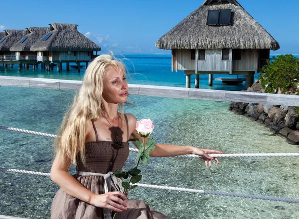 The beautiful woman in a long dress on the wooden bridge near the sea. — Stock Photo, Image