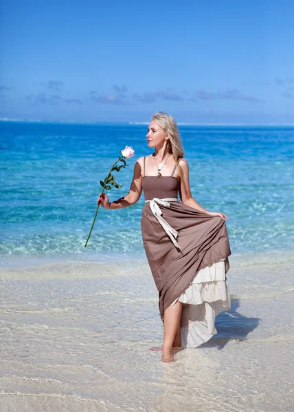 A jovem mulher bonita em um vestido romântico com uma rosa na areia no mar edg — Fotografia de Stock