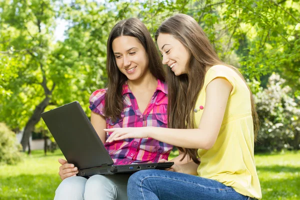 Estudiantes femeninas sonrientes usando laptop —  Fotos de Stock