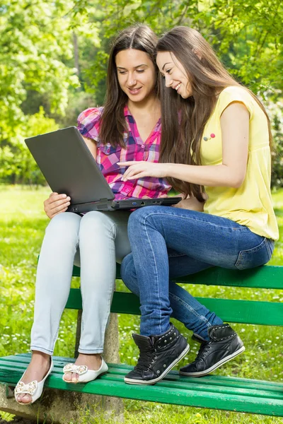Estudiantes femeninas sonrientes usando laptop —  Fotos de Stock