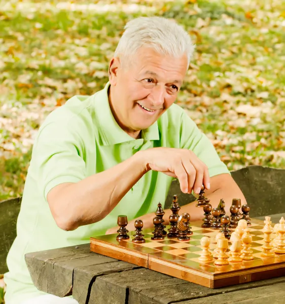 Heureux homme âgé jouant aux échecs sur un banc de parc — Photo