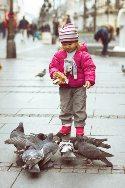 Niña alimentando palomas —  Fotos de Stock