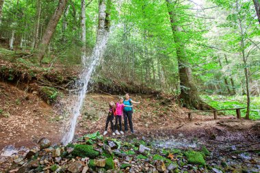 Yaz ormanında gayzer soğuk su çeşmesi. Aile turist doğası eğlencesi. Sırbistan 'ın Kopaonik Dağı.